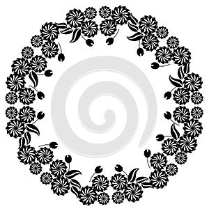 Abstract black and white ornament with decorative flowers. Raster clip art.