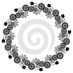 Abstract black and white ornament with decorative flowers. Raster clip art.