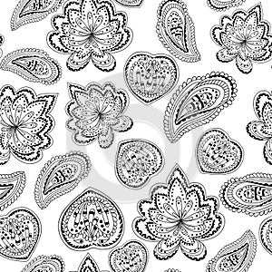 Abstract black and white ornamental pattern with paisley floral elements