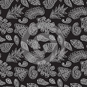 Abstract black and white pattern with hand drawn leafs elem