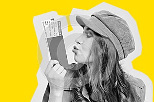 Abstract black and white portrait with a yellow stroke girl traveler kissing tickets