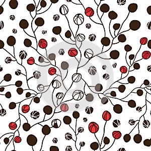 Abstract black, white and red floral buds seamless pattern background