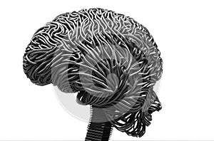 Abstract black and white sculpture or model of human skull with brain and face created by stripes on white isolated