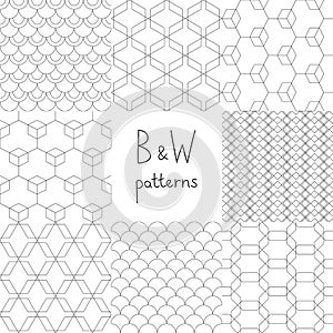 Abstract black and white simple geometric seamless patterns set, vector