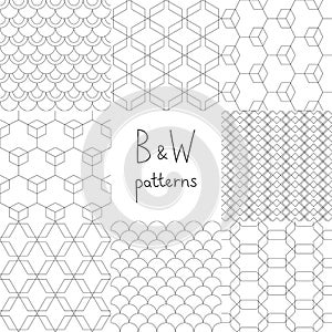 Abstract black and white simple geometric seamless patterns set, vector photo