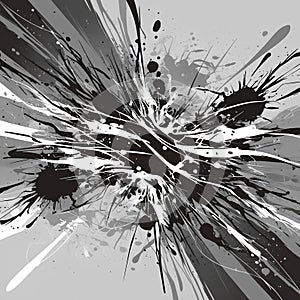 Abstract black and white splatter background featuring dynamic patterns and textures, creating a striking visual effect