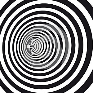 Abstract black and white striped optical illusion. Geometric hypnotic spiral. Geometrical wormhole shape pattern
