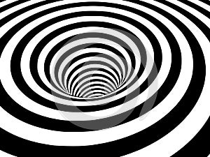 Abstract black and white striped optical illusion three dimensional geometrical wormhole shape