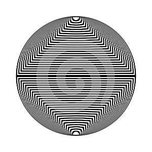 Abstract black and white striped round object. Geometric pattern with visual distortion effect.