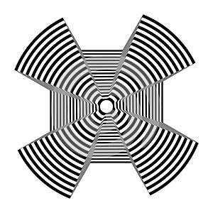 Abstract black and white striped round object. Geometric pattern with visual distortion effect.