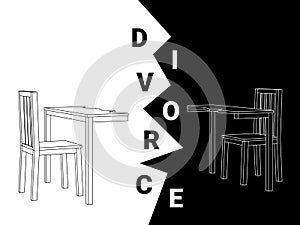 Abstract black and white vector of a divided wooden dining table and two chairs depicting a divorce