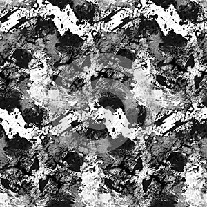 Abstract black and white watercolor splashes and seamless pattern