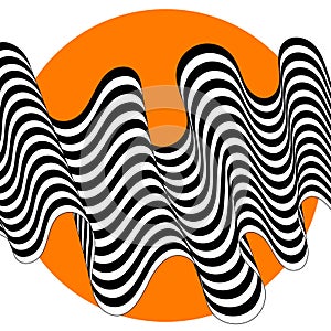 Abstract black and white waves. Wave pattern with orange circle. Vector background. Eps 10