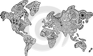 Abstract black and white world map for t shirt design,printed design and adult coloring book pages. Vector illustration