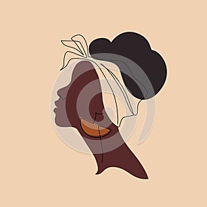 Abstract black woman profile in modern flat line style. Natural beauty silhouette