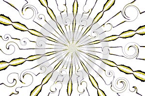 Abstract black yellow lines whorls petals from the center to the sides spherical