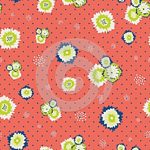 Abstract blanket flower seamless botanical pattern background. Green, blue, white wild meadow flowers on coral pink