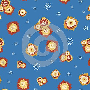 Abstract blanket flower seamless botanical pattern background. Yellow orange red wild meadow flowers on bright blue