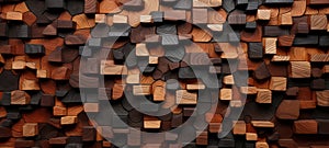 Abstract block stack wooden 3d cubes on the wall for background banner panorama - Brown wood texture Generative AI