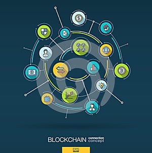 Abstract blockchain, crypto, fintech background. Digital connect system with integrated circles, flat thin line icons