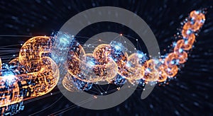Abstract blockchain network data flow glowing orbs digital connection futuristic technology concept