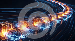 Abstract blockchain network flow data stream with glowing digital connections