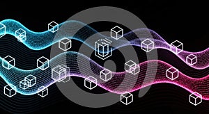 Abstract blockchain technology background with cubes and wavy lines for digital network 3d rendering