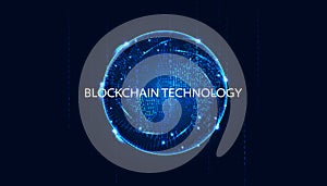 Abstract blockchain technology and globe concept. Modern blue background. advanced security better performance faster verification