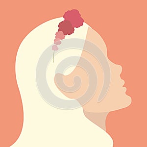 Abstract blonde woman looking up. Hand drawn female profile face silhouette with a flower wreath in her hair