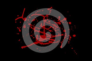 Abstract blood red splatter, isolated on black background. Grunge dark texture. Vector illustration.