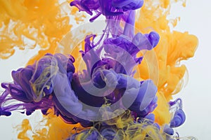 Abstract bloom of yellow and purple ink in water, a fusion of color and fluidity creating a mesmerizing effect.