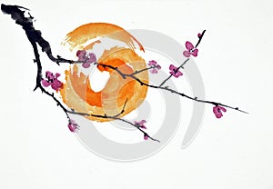 Abstract blossoms and sun watercolor painting in Chinese traditional art style