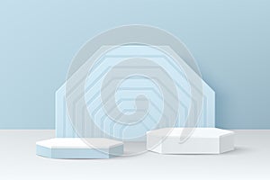 Abstract blue 3D room with set of realistic blue and white hexagon pedestal podium, Geometric form scene background. Pastel