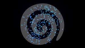 Abstract blue atom cloud swaying on black background, seamless loop. Animation. Colorful small particles gather in a