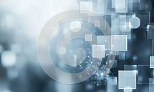 Abstract blue background with glowing squares and circles, digital design elements