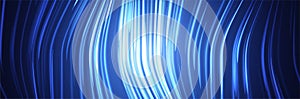 Abstract blue background. Random distorted warped vertical neon lights. Futuristic sci-fi wide wallpaper. Business banner or prese