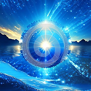 abstract blue background with star and sun rays and lens flare illustration generative AI