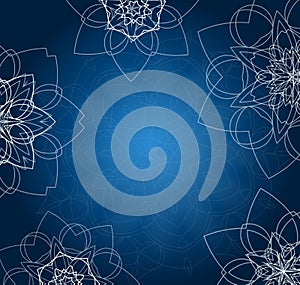 Abstract blue background with tribal floral mandalas