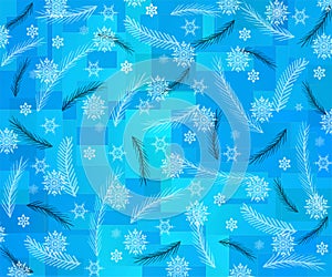 Abstract blue background with white snowflakes and bird feathers for design proje cts