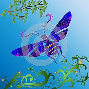 Abstract blue bee on a blue background with leaves, flowers and curls