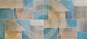 Abstract blue beige colorful geometric cement stone tile mirror wall or floor, tiles texture background