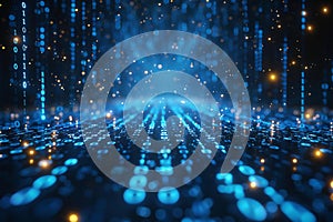 Abstract blue binary code background with glowing digital numbers and cyber space data flowing down on a dark black backgroun
