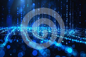 Abstract blue binary code background with glowing digital numbers and cyber space data flowing down on a dark black backgroun