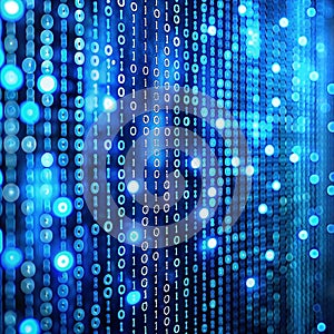 Abstract blue binary code background with glowing dots