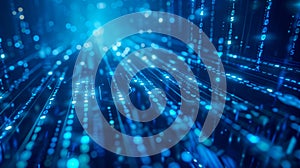 Abstract blue binary code background with glowing light rays and bokeh lights - AI Generated