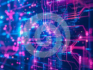 Abstract blue binary code background with glowing light rays and bokeh lights - AI Generated