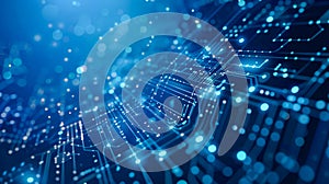 Abstract blue binary code background with glowing light rays and bokeh lights - AI Generated