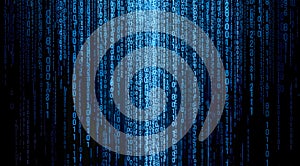 Abstract blue binary code background, matrix data rain, technology concept, digital information, computer programming,