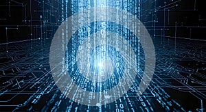 Abstract blue binary code background, matrix data stream, technology concept, digital information, computer programming,