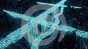 Abstract Blue Binary Code Data Streams Flowing Through Digital Cityscape